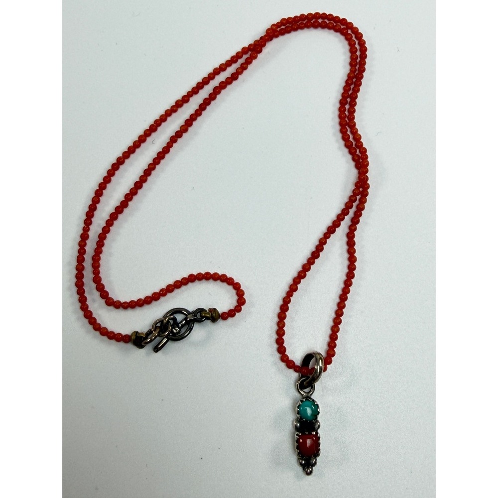 Vintage Natural Coral Bead Necklace 925 Sterling Silver Turquoise Pendant #1218